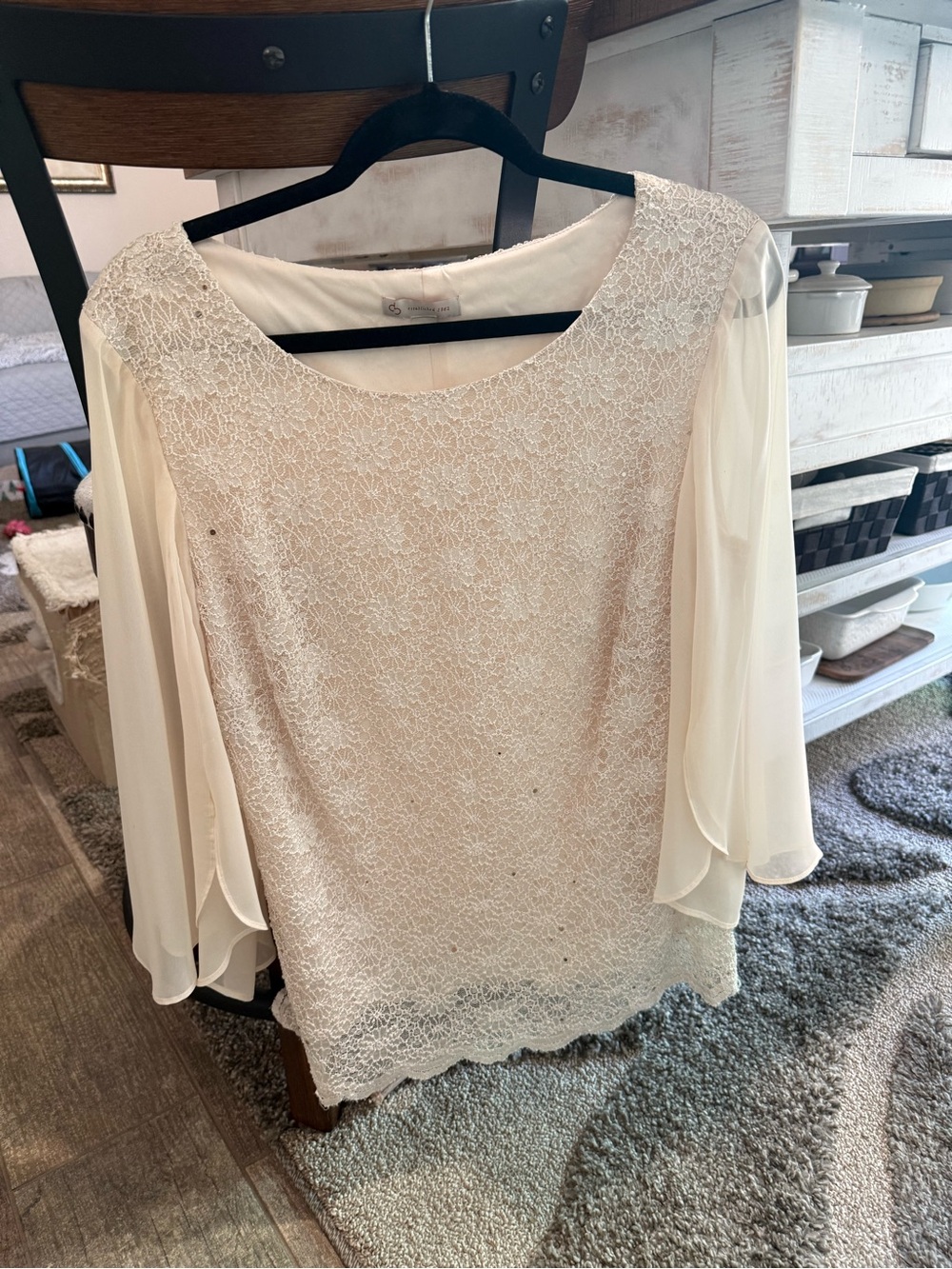 Women's Cream Lace Overlay Blouse with Chiffon Flutter Sleeves